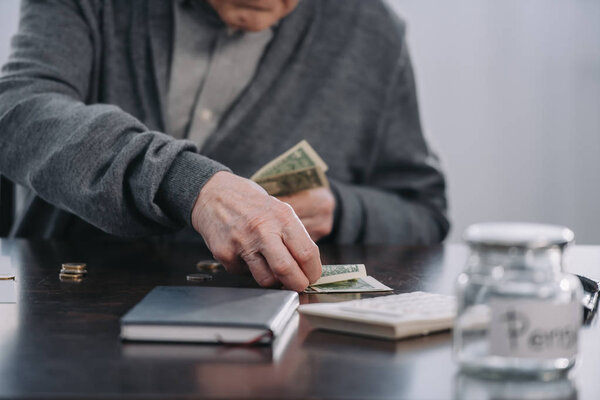 partial view of senior man sitting at table and counting money at home