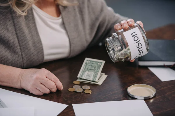 Cropped View Senior Woman Holding Glass Jar Pension Word While — Stock Photo, Image