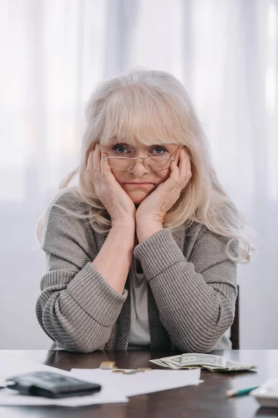 Tired Senior Woman Sitting Table Propping Head Hands While Counting — Stock Photo, Image