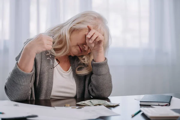 Tired Senior Woman Sitting Table Having Headache While Counting Money — Stock Photo, Image