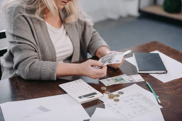 Cropped View Senior Woman Sitting Table Paperwork Counting Money — Stock Photo, Image