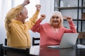 glückliches Seniorenpaar in bunten Kleidern, das mit Laptop am Tisch sitzt und mit Händen in der Luft jubelt