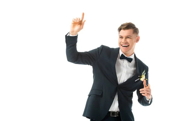 Novio Bailando Alegre Traje Elegante Negro Aislado Blanco — Foto de Stock