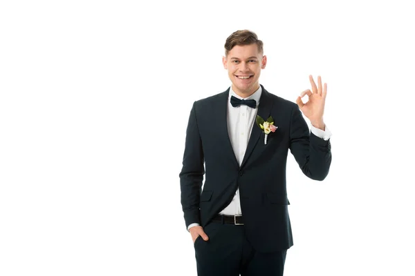 Happy Bridegroom Showing Okay Sign Isolated White — Stock Photo, Image