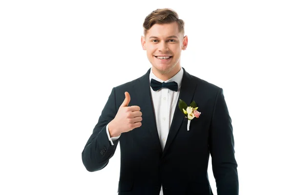 Cheerful Bridegroom Showing Thumb Isolated White — Stock Photo, Image