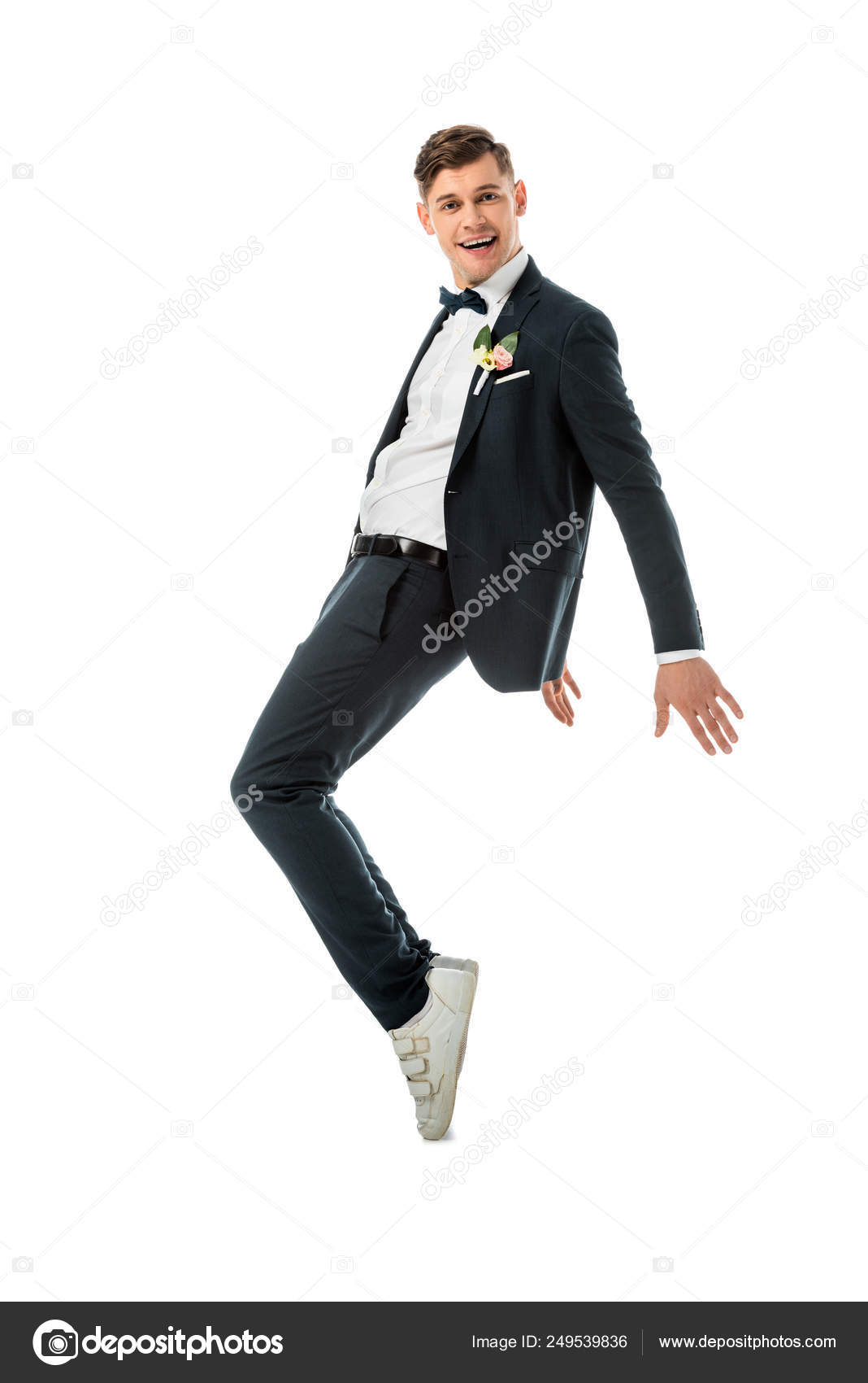 Cheerful Groom Dancing Black Suit White 