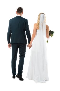 arkadan görünüşü kadar gelinlik gelin ve damat üzerinde beyaz izole şık elbiseli