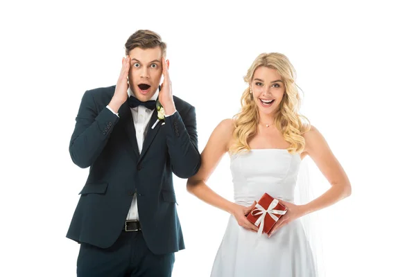 Happy Beautiful Bride Holding Gift Box While Excited Groom Holding — Stock Photo, Image