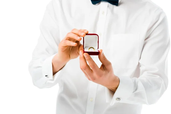 Selective Focus Groom Showing Gift Box Wedding Ring Isolated White — Stock Photo, Image