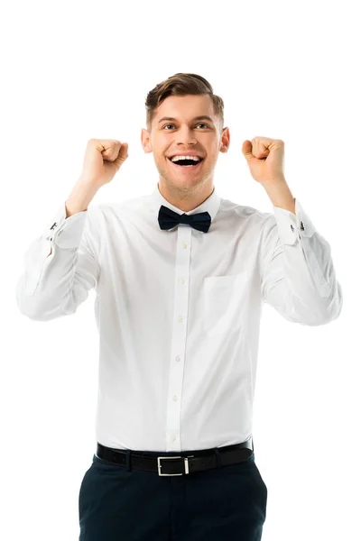 Happy Groom Showing Yes Gesture Raised Fists Isolated White — Stock Photo, Image