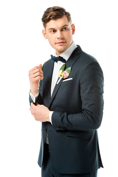 Handsome Groom Elegant Black Suite Looking Away Isolated White — Stock Photo, Image