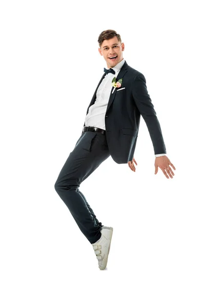 Cheerful Groom Dancing Black Suit White Sneakers Isolated White — Stock Photo, Image
