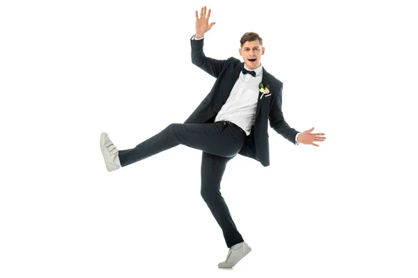 Cheerful Groom Dancing White Sneakers Looking Camera Isolated White — Stock Photo, Image