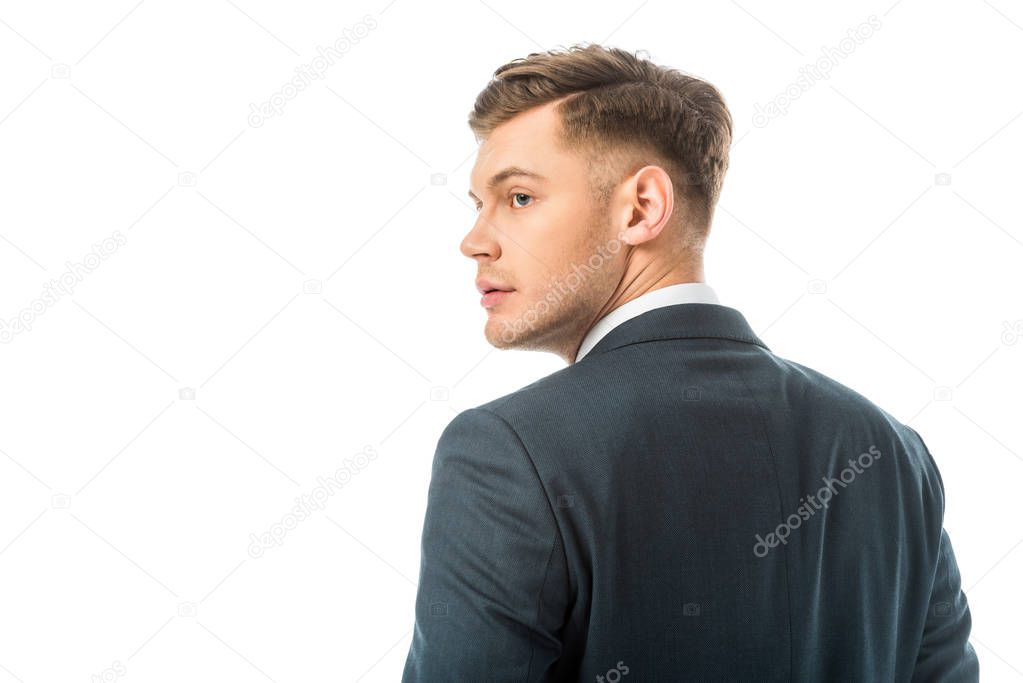 serious handsome brunette in black jacket isolated on white