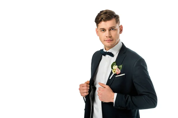 Serious Handsome Bridegroom Bowtie Jacket Boutonniere Looking Camera Isolated White — Stock Photo, Image