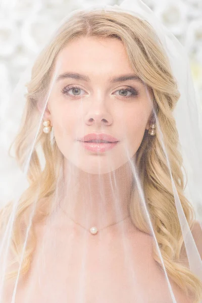 Portrait Attractive Young Woman Face Covered Transparent Bridal Veil White — Stock Photo, Image