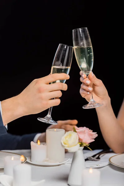 Cropped View Man Woman Holding Glasses Champagne Isolated Black — Stock Photo, Image