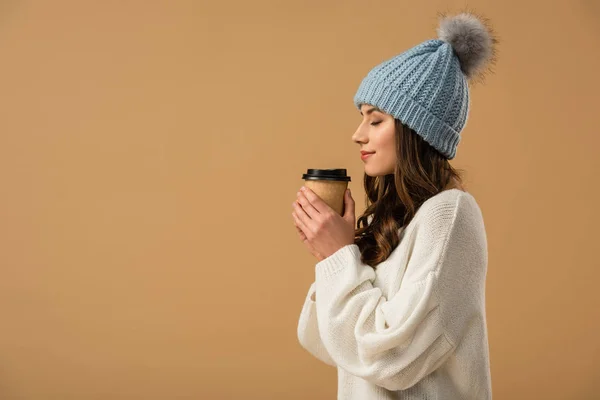 Side View Relaxed Brunette Girl Knitted Hat Holding Cup Coffee — Stock Photo, Image