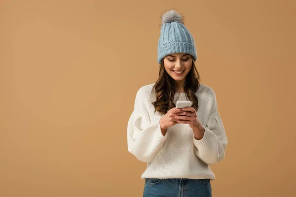 Cheerful Brunette Woman White Sweater Using Smartphone Isolated Beige — Stock Photo, Image