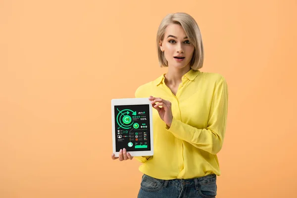 Zaskoczony Blond Dziewczyna Gospodarstwa Cyfrowy Tablet Infografikę Aplikacji Ekranie Pomarańczowym — Zdjęcie stockowe