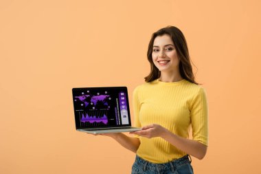 Olarak ekran üzerinde turuncu izole iş web sitesi ile laptop tutan sarı jumper gülümseyen esmer kadın