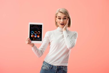 pink izole ekranda dijital tablet Çizelgeler ve grafikler ile tutan sürpriz sarışın kadın 