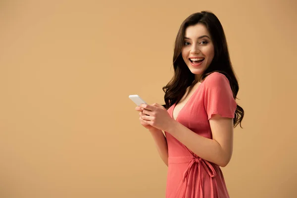 Cheerful Brunette Girl Holding Smartphone Isolated Brown — Stock Photo, Image