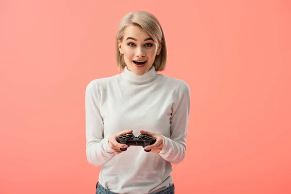 Surprised Blonde Girl Holding Joystick While Standing Isolated Pink — Stock Photo, Image