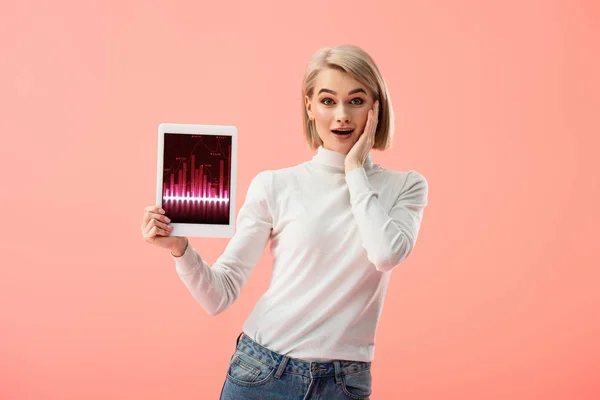 惊讶的金发碧眼的女人拿着数字平板电脑与图表在屏幕上隔离粉红色 — 图库照片
