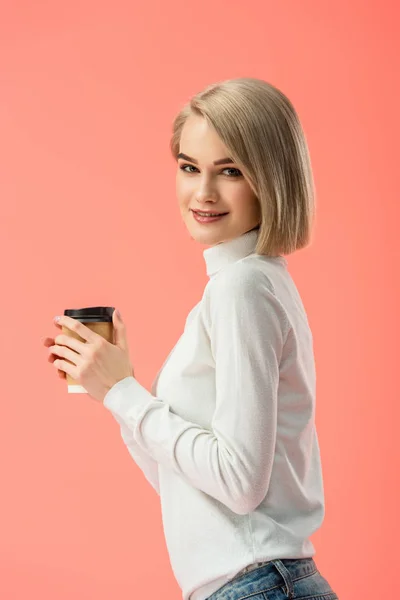 Happy Blonde Girl Holding Paper Cup Drink Isolated Pink — Stock Photo, Image