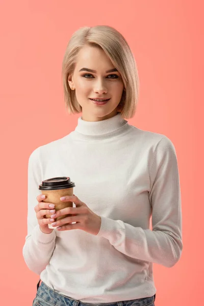 Attractive Blonde Girl Holding Paper Cup Drink Isolated Pink — Stock Photo, Image