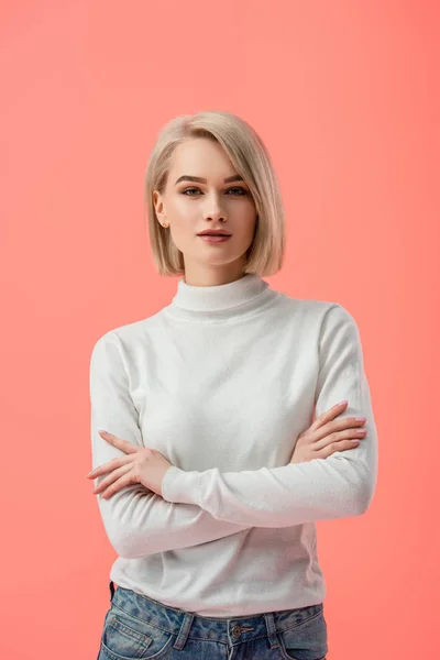 Beautiful Blonde Girl Standing Crossed Arms Isolated Pink — Stock Photo, Image