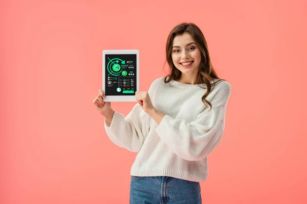 Cheerful Young Woman Holding Digital Tablet Charts Screen Isolated Pink — Stock Photo, Image