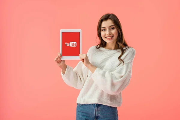 Cheerful Young Woman Holding Digital Tablet Youtube App Screen Isolated — Stock Photo, Image
