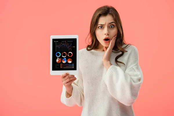 Shocked Young Woman Holding Digital Tablet Charts Graphs Screen Isolated — Stock Photo, Image