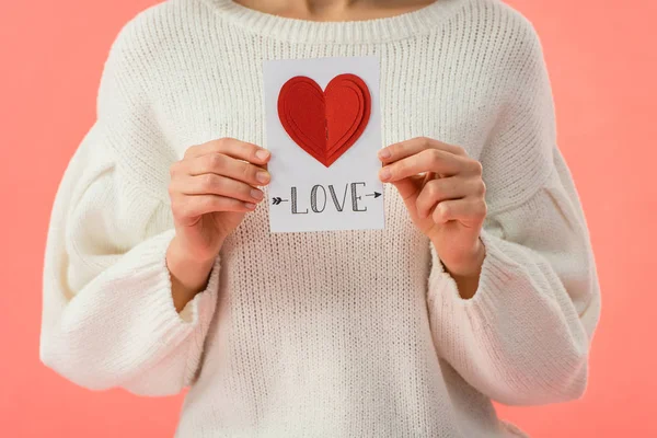 Partial View Young Woman Holding Card Love Lettering Isolated Pink — Stock Photo, Image