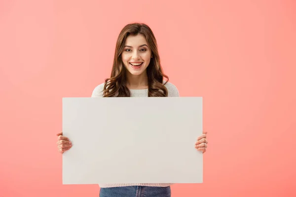 Smiling Attractive Woman Holding Empty Board Copy Space Isolated Pink — Stock Photo, Image