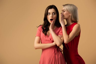 Kırmızı güzel bayan elbise üzerinde bej kopya alanı ile izole konuşmak 