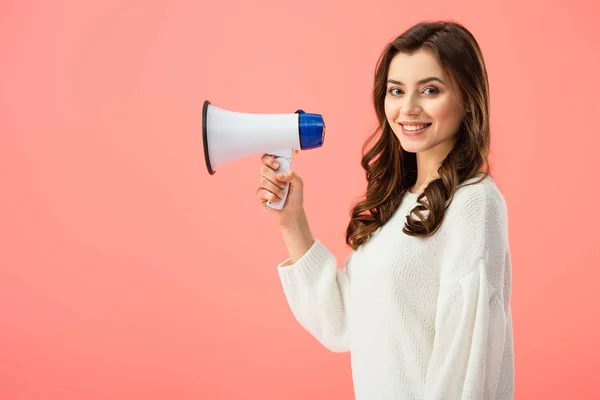 Brunette Woman White Sweater Holding Megaphone Isolated Pink — Stock Photo, Image