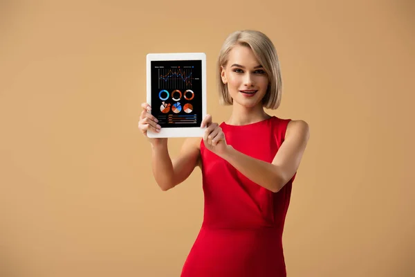 Hermosa Mujer Vestido Rojo Sosteniendo Tableta Digital Con Gráficos Gráficos — Foto de Stock
