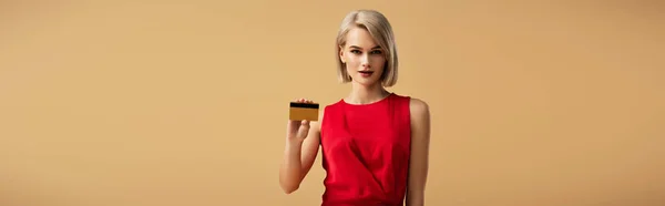 Panoramic Shot Beautiful Young Woman Red Dress Holding Credit Card — Stock Photo, Image