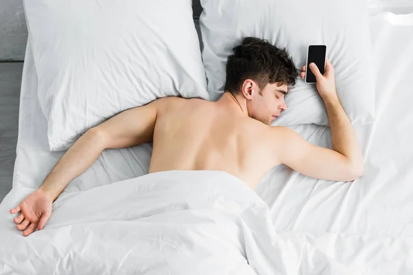 Handsome Man Sleeping Blanket Smartphone Blank Screen Bad — Stock Photo, Image