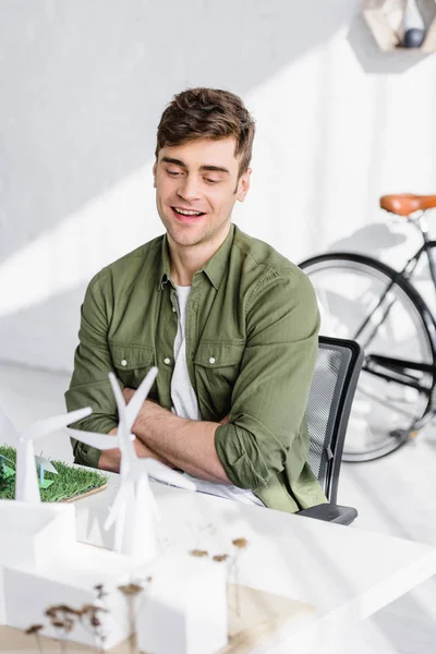 Architect Sitting Table Windmills Buildings Trees Models Office — Stock Photo, Image