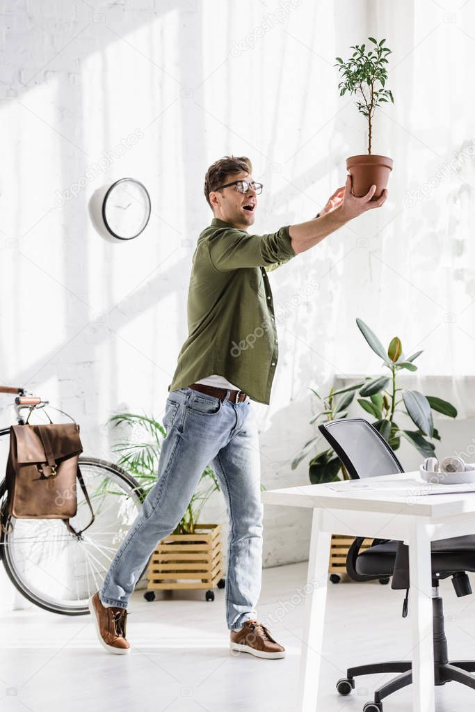 tricky man in green shirt and jeans holding pot with plant in office 