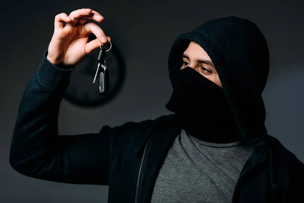 Criminal Black Mask Hoodie Looking Keys — Stock Photo, Image