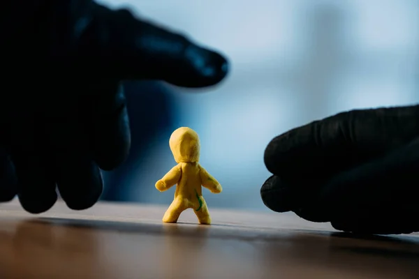 Partial View Thief Black Gloves Stealing Yellow Toy — Stock Photo, Image