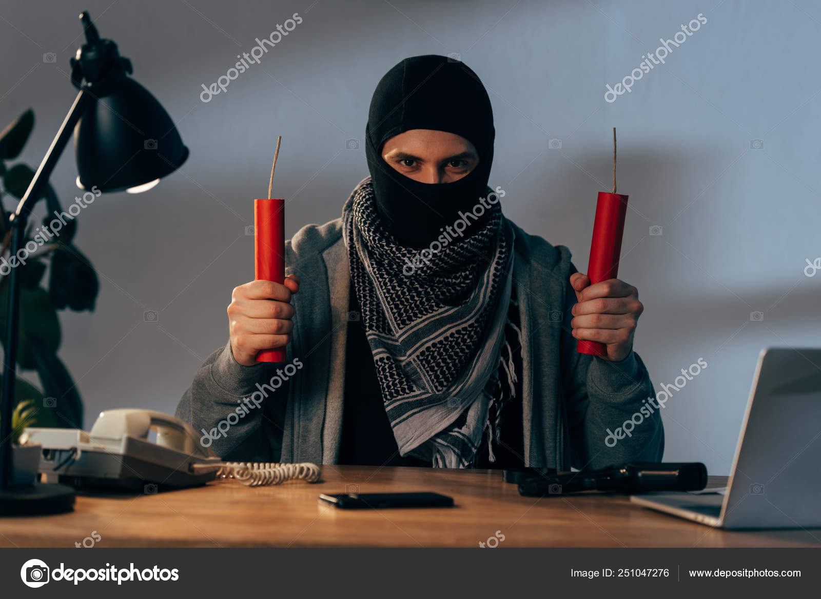 Front View Terrorist Dynamite Sitting Table Room Stock