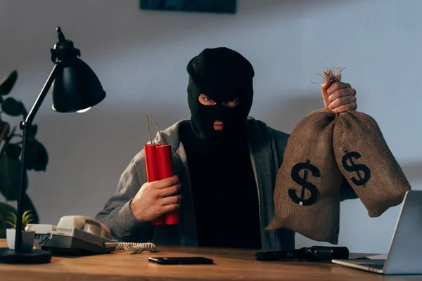 Terrorist Mask Holding Dynamite Money Bags Room — Stock Photo, Image