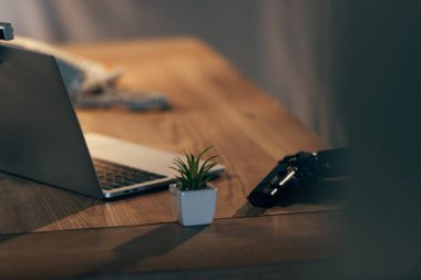 Dizüstü bilgisayar, bitki ve silah Oda ahşap tablo