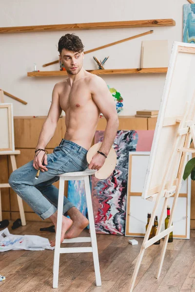 Handsome Half Naked Artist Sitting High Chair Gallery — Stock Photo, Image